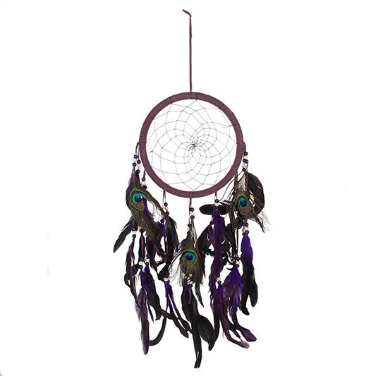 In the old ways of the Ojibwe people, the dreamcatcher was woven as a sacred guardian. Hung above the place of rest, it allows good dreams to flow like water through its web, while the ill-spirited dreams are caught and dissolved with the first light of day.

This Purple Peacock Feather Dreamcatcher carries the medicine of color and spirit. Purple, long honored as the color of vision and higher wisdom, calls upon the unseen realms and awakens the spirit to deeper truths. The peacock feather, with its radian