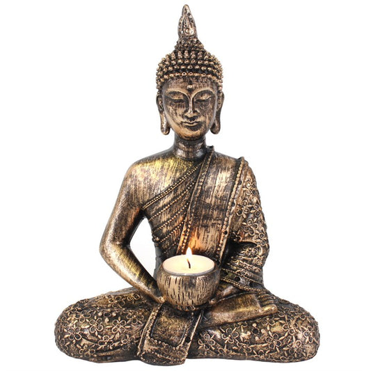 Sitting Thai Buddha Tealight Holder – Rustic Resin Buddhist Ornament