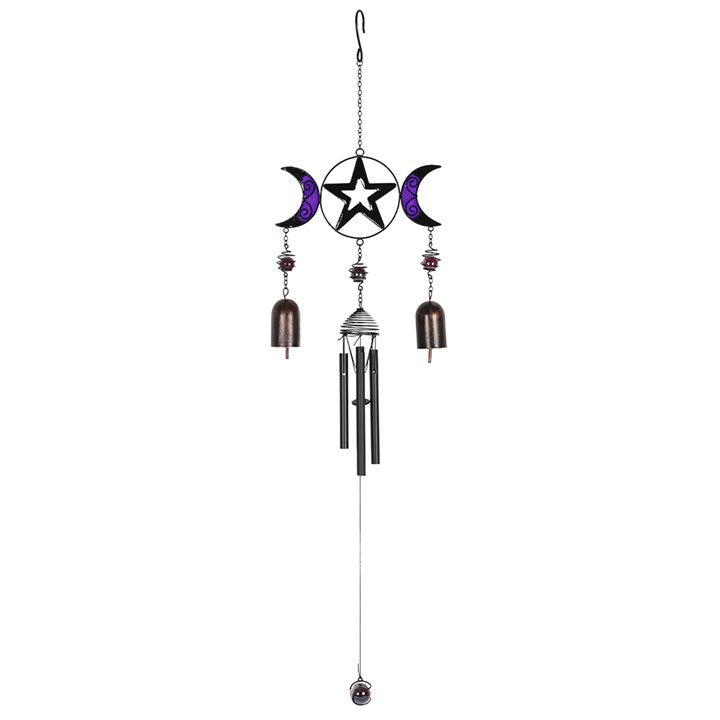 Embrace the enchanting energy of the Triple Moon with this exquisite windchime crafted from glass, metal, and resin. Its mystical black and purple design captures the sacred phases of the moon, symbolizing the Maiden, Mother, and Crone. Hang it in a sunny spot where gentle breezes can awaken its delicate bells, filling your space with soothing, magical sounds. As sunlight filters through the glass, it casts shimmering reflections that invite tranquility and spiritual connection. Measuring 72cm tall, this wi