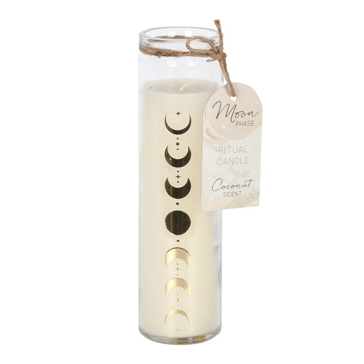 “As the moon waxes and wanes, so too does our magic flow.”
Inspired by the traditional 7-day prayer candle, this Moon Phase Tube Candle is a fragrant companion for ritual, meditation, and manifestation. Infused with the soothing scent of coconut, it brings calm energy into your home and sacred space. With an approximate burn time of 25 hours, this paraffin wax candle is perfect for moon rituals, spells of intention, or simply unwinding under lunar light.

In witchcraft, the moon governs cycles of growth, re