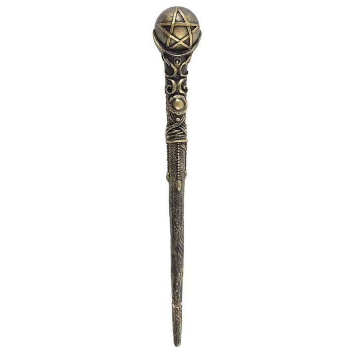 Bronze pentagram wand with ornate stem and ritual symbolism. 24cm resin magic wand for witchcraft, spellwork, and magical collections.