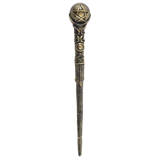 Bronze pentagram wand with ornate stem and ritual symbolism. 24cm resin magic wand for witchcraft, spellwork, and magical collections.