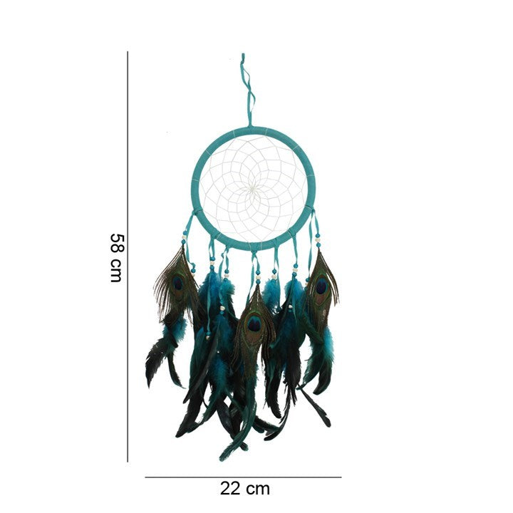 The dreamcatcher is more than just an ornament — it is a sacred shield woven to guard the spirit. In the tradition of the Ojibwe people, dreamcatchers were hung above the resting place to catch wandering dreams. The web allows the good to pass gently through, while the bad dreams become snared in the strands and vanish with the first light of dawn.

This Turquoise Peacock Feather Dreamcatcher carries the medicine of two powerful symbols. Turquoise, the stone of sky and water, is honored as a sacred stone of