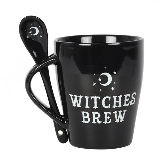 Add a sprinkle of magic to every brew with the Witches Brew Mug and Spoon Set. This enchanting ceramic mug features Witches Brew text and a matching teaspoon adorned with a mystical moon and star design, which slots neatly into the handle for convenient storage. With a generous 500ml capacity, this mug is perfect for morning rituals, herbal teas, or evening spell brews. Dishwasher and microwave safe, it blends practical function with mystical charm, turning every sip into a magical moment.

Dimensions: H10.