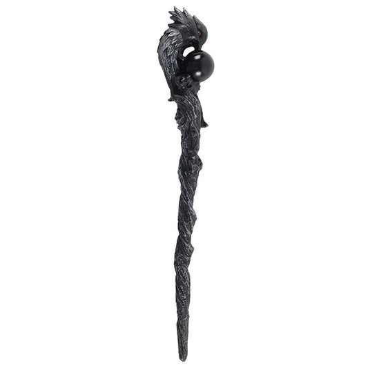 Dark Raven wand with red-eyed raven and black sphere. 24cm resin magic wand for gothic witches, spellwork, and fantasy collections.