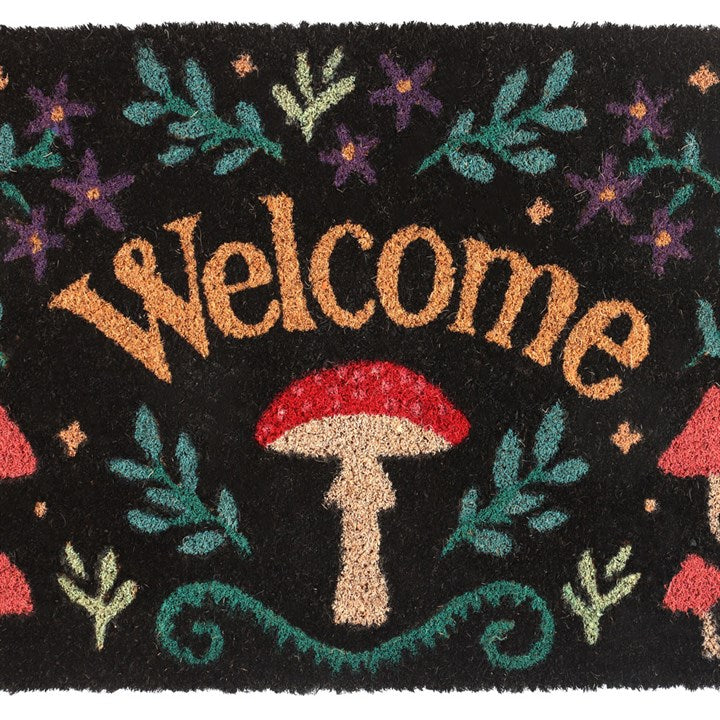 Black mushroom welcome doormat with mystical forest design. Ideal for witchy homes, cottagecore décor, and sheltered entrances.