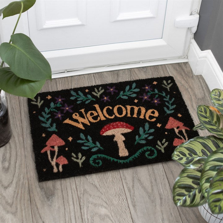 Black Mushroom Welcome Doormat – Mystical Forest Door Mat