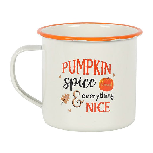 “Pumpkin spice and everything nice” — a charm of autumn’s warmth.
This enamel-style mug is more than just a seasonal cup; it is a vessel of harvest magic. With crisp gothic foliage designs and the phrase etched across its surface, it invites you to sip deeply of autumn’s blessings. Perfect for cosy nights, ritual brews, or fireside gatherings, this mug captures the essence of the turning wheel of the year.

In folklore, pumpkins have long been tied to protection, abundance, and the thinning of the veil at S