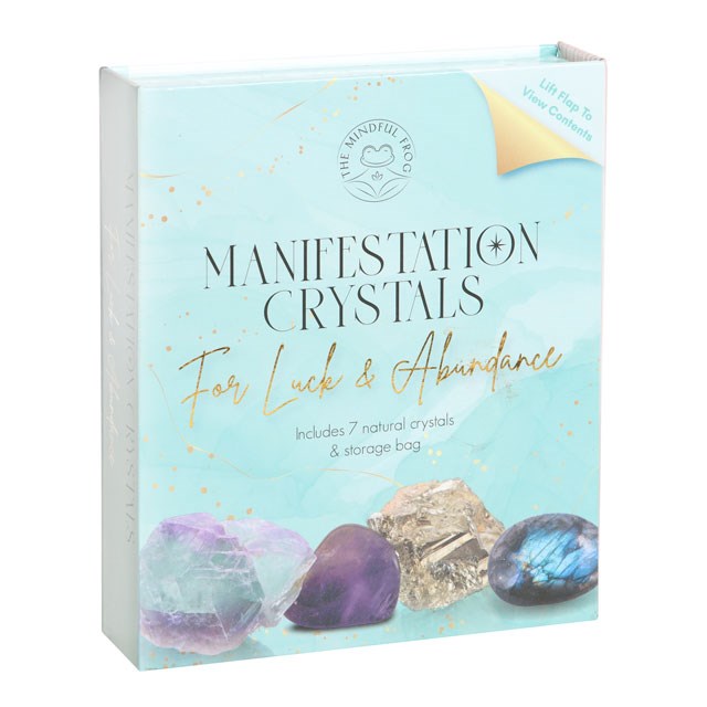 Manifestation crystal gift set with 7 natural stones and faux leather pouch. Perfect for attracting abundance, meditation, and spiritual rituals.