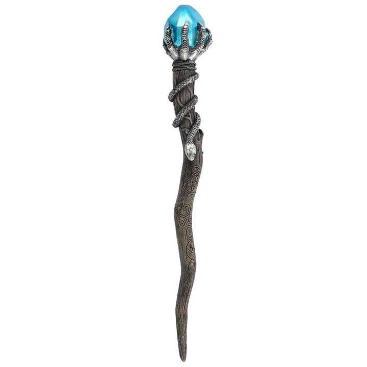 Silver claw wand with blue gem, snake and pentagram carvings. 24cm resin magic wand for witchcraft, rituals, and fantasy collections.