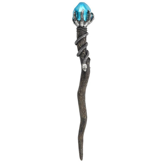 Silver claw wand with blue gem, snake and pentagram carvings. 24cm resin magic wand for witchcraft, rituals, and fantasy collections.