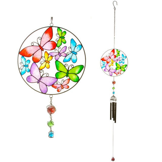 Embrace the enchanting whispers of the Circle Butterfly Windchime, a hand-crafted talisman of vibrant energy and delicate beauty. This brightly coloured circular butterfly design, ethically sourced with care, invites the gentle dance of wind and spirit into your sacred space. Perfect for both indoor altars and outdoor gardens, it weaves a mystical melody that soothes the soul and awakens the senses. Measuring 100cm tall and 17.5cm wide, its slender form carries the magic of transformation wherever it hangs.