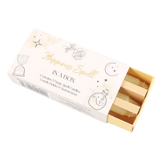 Awaken joy and invite positivity into your life with our Magic Happiness Spell in a Box. This enchanting kit is designed to amplify your inner magic, boost confidence, and cleanse the mind of negative thoughts. Each sliding box doubles as a candle holder and contains 3 unscented yellow spell candles along with clear instructions to guide your spellwork.

In magical traditions, yellow candles symbolize happiness, clarity, and mental focus. Lighting these candles channels uplifting energy and manifests joy, h