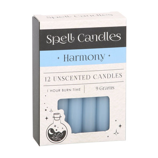 Bring balance and serenity into your life with our Pack of 12 Harmony Spell Candles. These light blue candles are designed to help you attract harmony, focus your intentions, and manifest equilibrium in your home and spirit. Each unscented candle has an approximate burn time of 1 hour, but for safe ritual practice, burn no longer than 30 minutes at a time.

In magical tradition, light blue symbolizes peace, emotional clarity, and balance. Use these candles in manifestation rituals—either by lighting them in