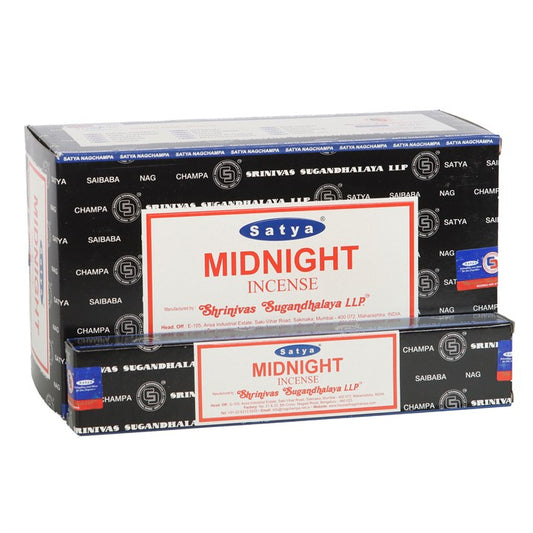 This collection features 12 bundles of Satya Midnight incense sticks, expertly handmade by Indian artisans using high-quality, natural components. Each pack contains 10 to 12 vegan sticks, ideal for summoning magical, mysterious energies into your sacred sanctuary