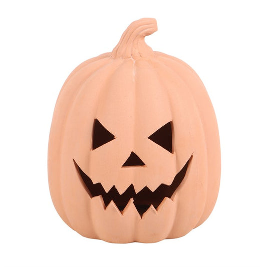 Cast aside your carving blades, dear witch—this 15cm Terracotta Pumpkin Ornament conjures up Halloween charm with none of the mess. Crafted from earthen terracotta and carved with a haunting grin, this jack-o’-lantern is built to return from the grave each Samhain season, year after year.

Perfectly sized for spellbinding doorsteps, eerie entryways, or hearthside haunts, this pumpkin offers a stress-free way to welcome trick-or-treaters and wandering spirits alike. Place it upon your altar or amongst fallen