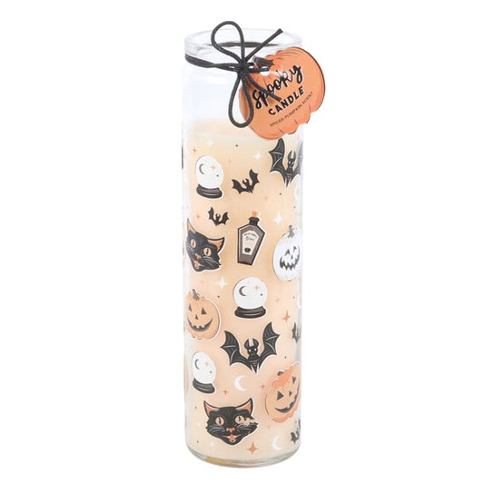 “When the veil is thin, the pumpkin’s flame keeps spirits close, yet kind.”
The Spooky Spiced Pumpkin Tube Candle is a seasonal treasure, blending the comforting aroma of pumpkin spice with the magic of Samhain. Housed in a tall glass tube, this candle casts a warm autumnal glow, perfect for spooky gatherings, ritual work, or simply enjoying a cosy evening at home. With an approximate 70-hour burn time, it will see you through the witching season and beyond.

In folklore, pumpkins carved into jack-o’-lanter