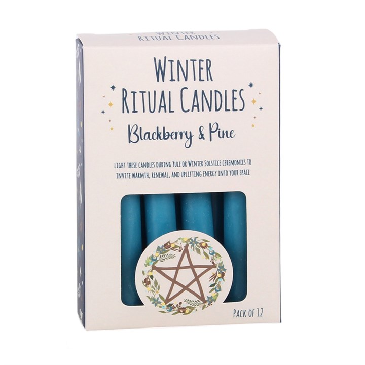 Light the way through winter rituals with this pack of 12 Blackberry &amp; Pine spell candles, ideal for intention setting, altar work and seasonal home fragrance. Their rich berry and pine scent makes them a thoughtful gift for witches, spiritual friends and magical winter traditions. Each candle has an approximate 1.5-hour burn time. Made from paraffin wax. Never leave a lit candle unattended.