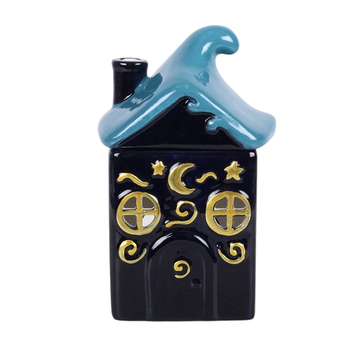 Let elemental water magic ripple through the home with this Moonwave Cottage oil burner, featuring a deep blue finish, golden moon details and a sculpted wave roof. Perfect for solstice rituals, moonlit self-care moments and mystical home styling. Recommended for use with fragrance oil diluted with water. Always remove the lid whilst in use.