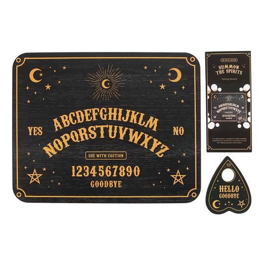 This enchanting talking board, often known as a 'spirit board,' offers a timeless method to explore life's mysteries and reach beyond the veil. Gently rest your fingers on the accompanying planchette and watch as it uncovers secrets from the unseen. Remember, this spirit board is intended for playful enjoyment and is not a serious instrument for spiritual communication.