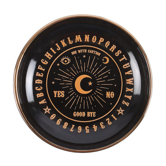 This enchanting black trinket dish features a talking board design in a premium gold finish. A beautiful piece for strong treasured trinkets and jewellery, and a perfect finishing touch for a home with mystical decor.