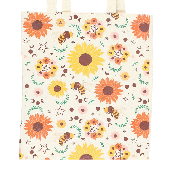 Sustainably carry summer essentials wherever you go with this Polycotton tote bag. Adorned with a Summer Solstice-inspired print of sunflowers, bees, pentagrams, and moon phases. The durable Polycotton canvas tote bag includes ample space for carrying as an everyday bag or for shopping.