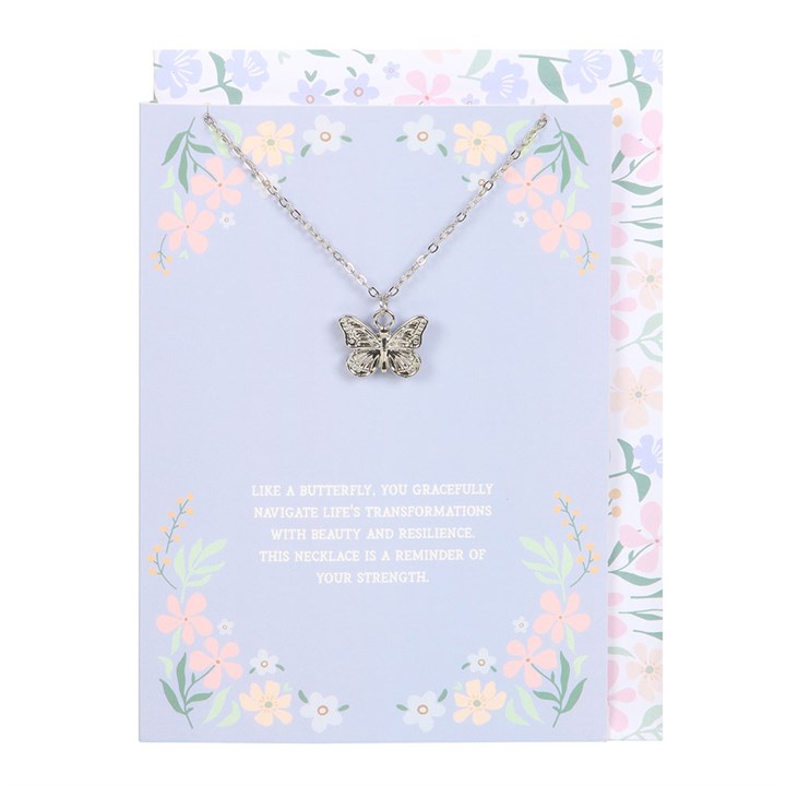 This sweet, silver-toned butterfly necklace comes nestled on a matching greeting card, making it the perfect gift to show love, support and positivity.
