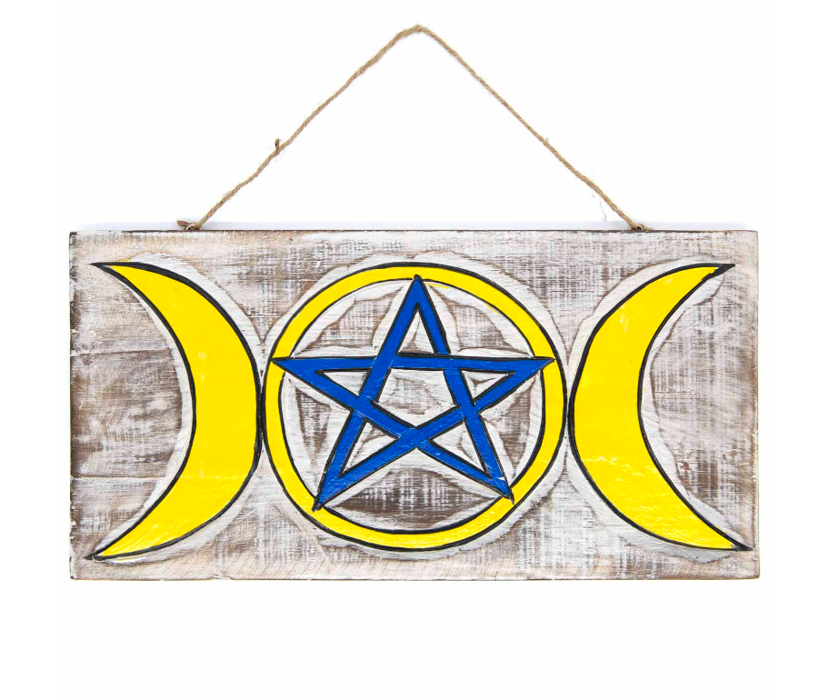 Embrace the sacred energies of the Triple Goddess with this enchanting wall plaque, featuring a striking white wash background that beautifully highlights the vibrant hand-painted design. The intertwined symbols of the Triple Goddess and pentacle invite protection, balance, and spiritual connection into your space. Crafted with care and Fairtrade certified from Indonesia, this mystical piece carries both meaning and ethical craftsmanship. Measuring approximately 39cm by 20cm, it comes ready to hang with thi