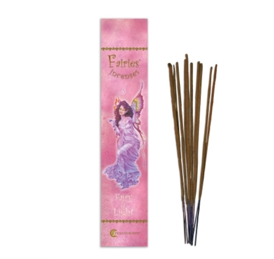 Light this traditional incense to fill your space with a welcoming fragrance crafted especially for the Fairy of Light. Hand-rolled using methods unchanged for 400 years, each stick is made from the purest natural ingredients and essential oils. Fairies, beings of vibrant energy between worlds, are drawn to scents and colors as signs from humans. This incense captures their essence, inviting their gentle presence. The Fairy of Light guides you from darkness to clarity, offering wisdom when you face restless