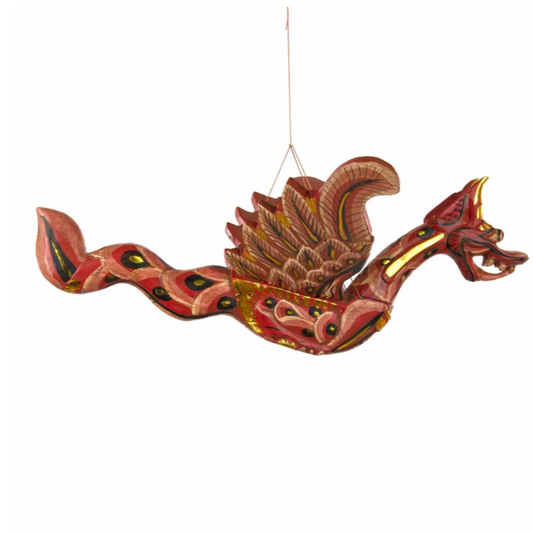 Summon fierce protection and ancient wisdom with this Flying Dragon Spirit Guardian Mobile, a powerful symbol of courage, strength, and spiritual guardianship. Handcrafted in Bali and painted in vibrant colours with shimmering gold accents, this dragon is more than décor—it is a sacred protector.