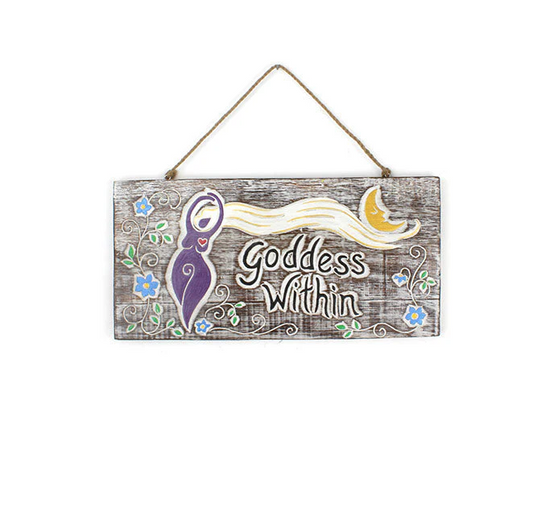 Awaken thy sacred space with the whispers of ancient magick... 🌙✨
This Handcrafted "Goddess Within" Rustic Wall Plaque hath been lovingly conjured to honour the divine feminine that dwelleth in us all. Carved with the empowering words "Goddess Within", and graced with the image of the Great Mother herself, this rustic treasure radiates strength, serenity, and spiritual grace.

Hand-fashioned in the distant isles of Indonesia—where craft meets spirit—and tied with strong twine cord, it hangs beautifully fro