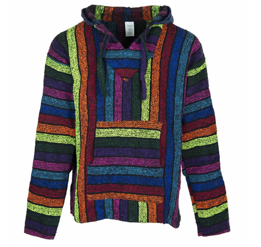 Channel laid-back Californian vibes with our Eco-Friendly Mexican Baja Hoodie. Originally popularised by surfers returning from the Baja coast, this iconic hoodie has become a beloved staple of hippy and boho culture.

Crafted in Mexico using 100% recycled fibres from reclaimed textiles, each hoodie is a unique piece of sustainable fashion. The fabric is durable, warm, and breathable, making it perfect for festivals, beach days, forest walks, or just cozying up at home.

Our Bajas are unisex, inclusive, and