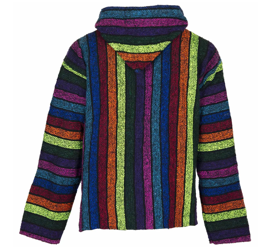 Channel laid-back Californian vibes with our Eco-Friendly Mexican Baja Hoodie. Originally popularised by surfers returning from the Baja coast, this iconic hoodie has become a beloved staple of hippy and boho culture.

Crafted in Mexico using 100% recycled fibres from reclaimed textiles, each hoodie is a unique piece of sustainable fashion. The fabric is durable, warm, and breathable, making it perfect for festivals, beach days, forest walks, or just cozying up at home.

Our Bajas are unisex, inclusive, and
