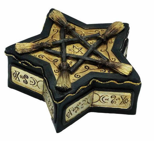 Five points of power, bound by the sweep of the broom—this Magical Pentagram Broom Jewellery Box is a treasure chest for the witch at heart. Crafted from strong polyresin and shaped in the sacred star of protection, each point is adorned with the symbol of the broom: the tool of cleansing, banishment, and blessing.