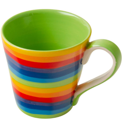Awaken your spirit with the Rainbow Stripe Mug, part of the Rainbow Ceramics range from Rainbow Teapot. Hand crafted in Thailand, this unique piece features a form that narrows gracefully at the base and widens towards the rim — a design that feels grounding yet expansive, like opening to the sky.

Each mug is hand painted with radiant rainbow stripes and finished with a high-gloss glaze that illuminates the vibrant colours. Inside, a calming pale green shines softly, symbolising harmony and renewal. Measur