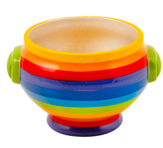Nourish body and soul with the Hand Painted Rainbow Stripe Soup Bowl with Handles, part of the beloved Rainbow Ceramics collection by Rainbow Teapot. Each bowl is hand crafted in Thailand and shaped with two small side handles for comfort and ease. The profile is traditional yet joyful, finished with a glossy glaze that highlights the radiant rainbow stripes, while a soothing pale green interior adds balance and calm.

Measuring 12.5 x 14 x 9cm, this ceramic bowl is perfect for hearty soups, comforting stew