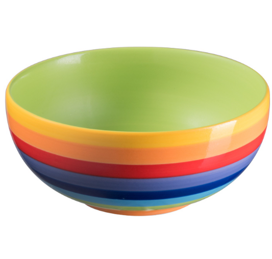Bring joy and colour to your table with this Rainbow Stripe Ceramic Bowl, lovingly handmade in Thailand by our long-term artisan partner. Each bowl is individually hand painted with vibrant rainbow stripes, ensuring no two pieces are ever the same. Finished with a glossy glaze, the radiant colours shine with uplifting energy and warmth.

Measuring 15 x 7cm, this versatile bowl is perfect for everyday meals, shared feasts, or as a cheerful centrepiece in your home. Its lively design brightens kitchens, dinin