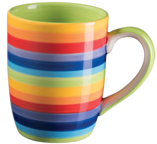 Brighten your day with the Rainbow Stripe Ceramic Tapered Mug, handmade in Thailand as part of Rainbow Teapot’s radiant Rainbow Ceramics collection. This tall 11cm mug features a classic tapered shape — narrowing at the base and opening generously at the rim — designed to feel grounding yet expansive, much like the rainbow itself.

Each piece is individually hand painted with vibrant rainbow stripes, making every mug unique in spirit and character. A glossy glaze enhances the bold colours, while the handmad