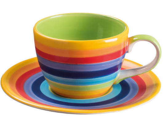 Rainbow Stripe Coffee Cup & Saucer – Hand Painted Ceramic by Rainbow Teapot