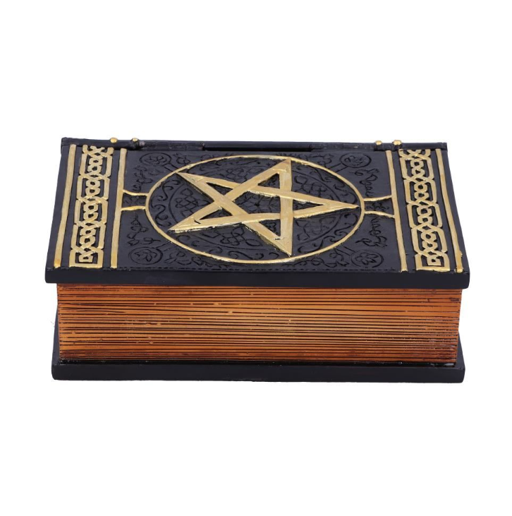 15cm Spell Box grimoire storage box. Hand-painted resin witchcraft décor for storing crystals, charms, and magical keepsakes.