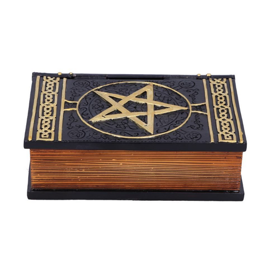 15cm Spell Box grimoire storage box. Hand-painted resin witchcraft décor for storing crystals, charms, and magical keepsakes.