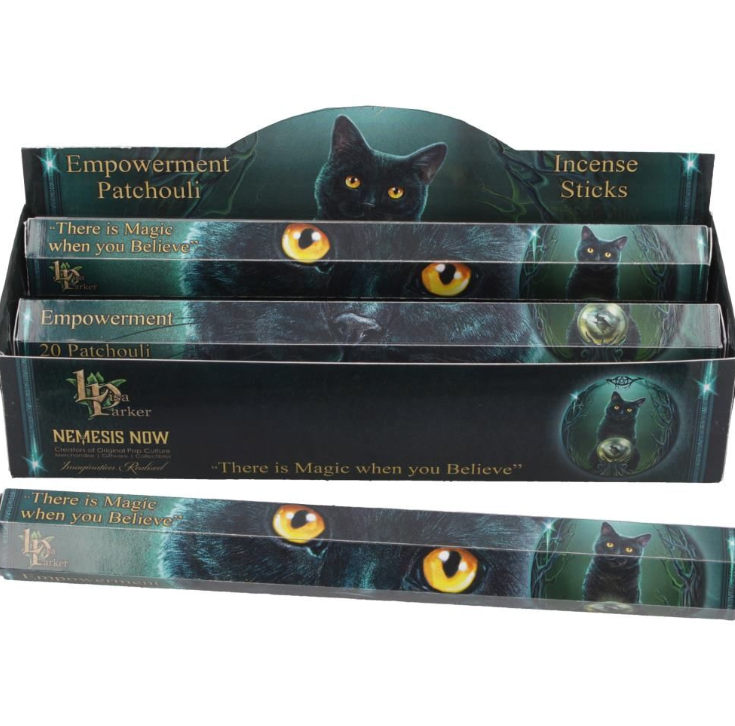Lisa Parker patchouli scented empowerment incense sticks featuring Bewitched artwork. Ideal for grounding, protection, ritual, and meditation.