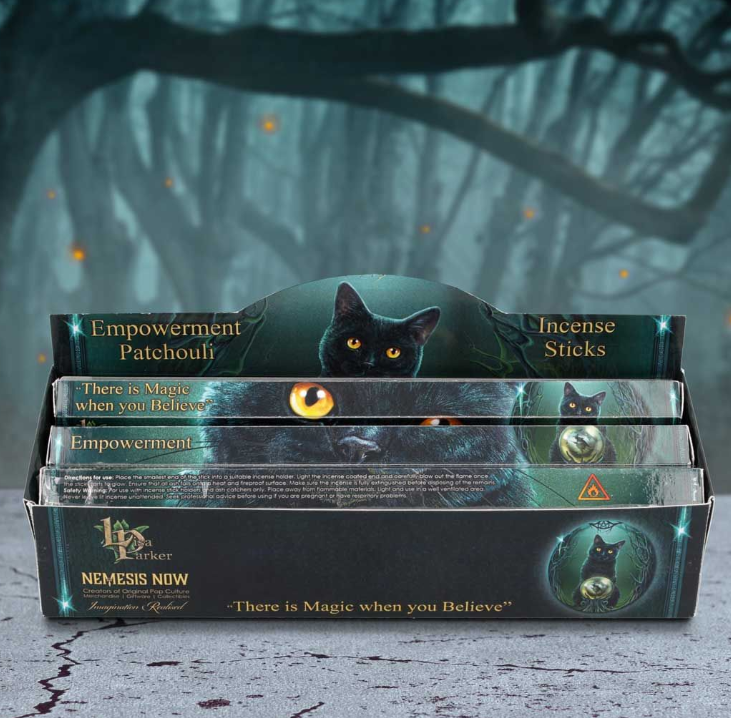 Lisa Parker patchouli scented empowerment incense sticks featuring Bewitched artwork. Ideal for grounding, protection, ritual, and meditation.