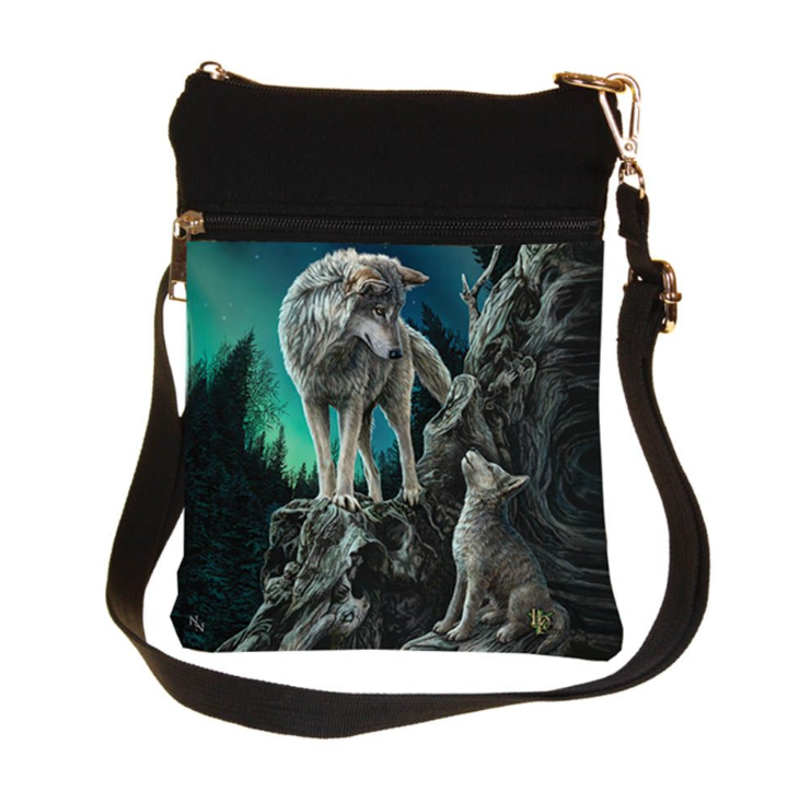 Small Guidance Wolf and Pup shoulder bag by Lisa Parker, 23cm. Features magical artwork and front pocket for practical everyday storage.