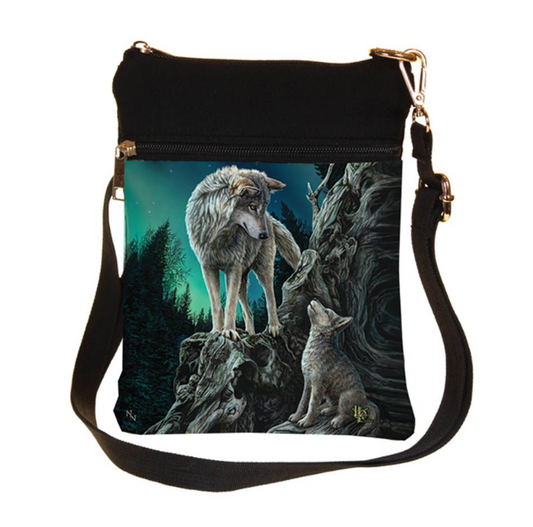 Small Guidance Wolf and Pup shoulder bag by Lisa Parker, 23cm. Features magical artwork and front pocket for practical everyday storage.