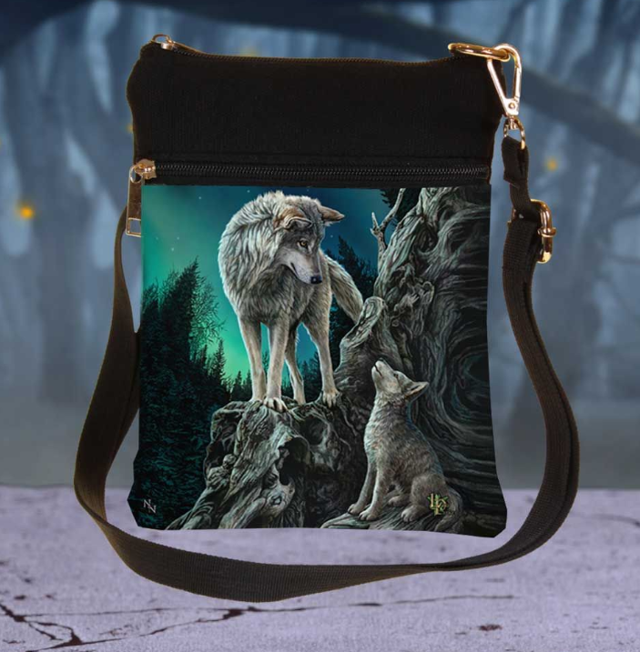 Small Guidance Wolf and Pup shoulder bag by Lisa Parker, 23cm. Features magical artwork and front pocket for practical everyday storage.