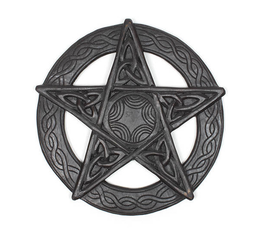 This handcrafted wooden pentacle is a stunning piece of spiritual decor, featuring intricate detailing with five Triquetra symbols, also known as endless knots. The Triquetra holds deep symbolic significance, often representing the Holy Trinity in Christian symbolism, though it is also linked to various cultural interpretations, including cycles of life, unity, and eternity.

The pentacle itself is a pentagram enclosed within a circle, a powerful symbol used in many spiritual traditions. The pentagram repre