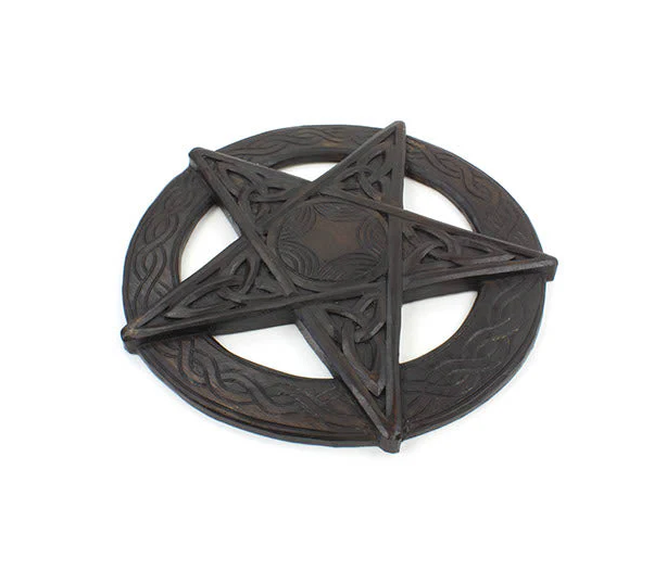 This handcrafted wooden pentacle is a stunning piece of spiritual decor, featuring intricate detailing with five Triquetra symbols, also known as endless knots. The Triquetra holds deep symbolic significance, often representing the Holy Trinity in Christian symbolism, though it is also linked to various cultural interpretations, including cycles of life, unity, and eternity.

The pentacle itself is a pentagram enclosed within a circle, a powerful symbol used in many spiritual traditions. The pentagram repre