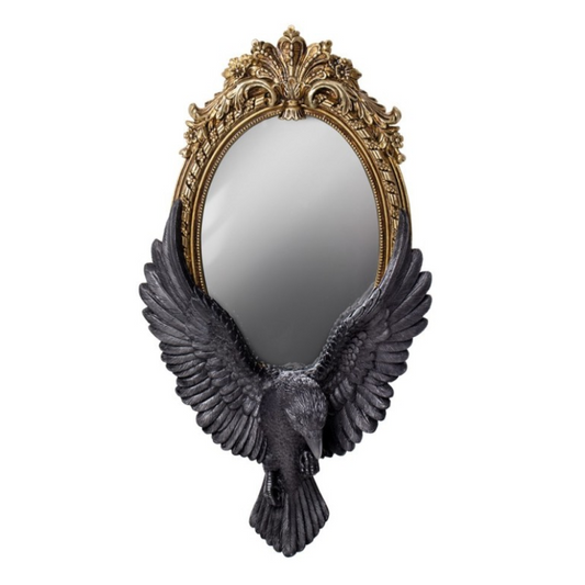 Crafted with meticulous attention to detail, this stunning mirror features a realistically designed black raven in flight, exquisitely nestled within an opulent gold baroque frame.

The most beautiful addition to your boudoir! Whether you're applying your makeup, arranging your hair, or simply admiring your reflection, this mirror elevates each moment into an experience of beauty.

Look beyond the surface to perceive that which lies beneath. The dark sentinel guides your mind to wander through the dark plac