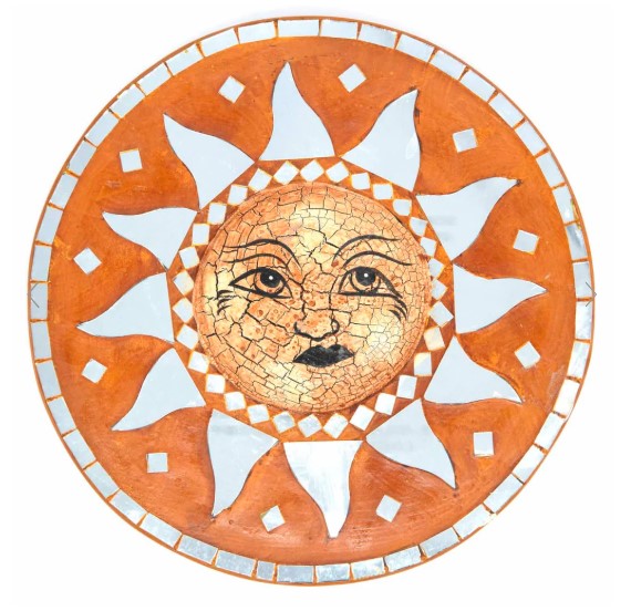 Add a little sunshine with this gorgeous mosaic style mirror with sun design. Painted in rich earthy tones, this piece of wall art features a rustic, distressed face with delicately cut mirrored pieces. Ideal to bright up any room in your home.